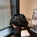 Sparkly black sequin cloud clutch bag with crossbody strap for elegant women - Black