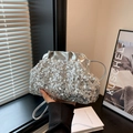 Silver sequin clutch bag with pleated metallic trim and matching wrist strap - Silver