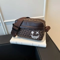 Crossbody square bag with coffee geometric pattern and funny face embroidery - Brown