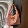Pink gingham tote bag with cartoon tomato label and yellow ribbon for daily use - Pink White Plaid