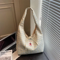 Japanese style yellow and blue checkered tote bag with cartoon tomato label and bow - Blue and Yellow Plaid