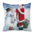 Christmas pillowcase with Santa Claus and snowman illustration on soft peach skin fabric - 18x18 Inch / Santa Dressing Snowman Hat (18)