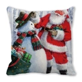 Christmas pillow cover featuring vintage Santa and snowman scene on soft peach skin fabric - 18x18 Inch / Santa and Snowman with Gift Boxes (19)