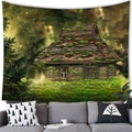 Whimsical forest treehouse wall tapestry hanging over a grey sofa for home decor - Peach Skin / 150x100cm / Dreamy Forest Cottage (4)