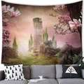 Detail view of fantasy forest treehouse tapestry hanging above a modern sofa - Peach Skin / 150x100cm / Pink Magnolia Ruins (6)