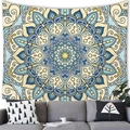 Ethnic mandala geometric tapestry in blue and yellow hanging over a modern grey sofa - Style 3(G157) / 100x70(Peach Skin)