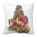 White Christmas pillow with watercolor tree, rocking horse, and gifts for festive decor - 45x45cm / Christmas Tree With Rocking Horse And Teddy Bear (15)