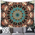 Close-up of bohemian mandala tapestry with warm orange and blue patterns hanging over a sofa - 100x70(Peach Skin) / Style 5