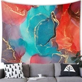 Abstrakter Wandteppich mit lebendiger Alkoholtinten-Marmorstruktur und goldenen Linien - Rot Blau Violett Fluid Marmor (10) / 100cmx70cm