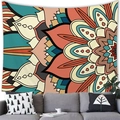 Dettaglio di un arazzo mandala bohémien appeso sopra un divano in un soggiorno moderno - 150x100(Peluche Corto) / Mandala Turchese e Rosso Arancio (7)