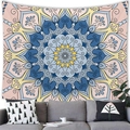 Bohemian mandala tapestry with radial geometric patterns hanging above a modern sofa - 100x70cm / Mandala Style Thirteen (13) - Peach Skin