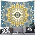 Bohemian mandala tapestry with sunburst pattern hung above a modern living room sofa - 100x70cm / Mandala Style Twelve (12) - Peach Skin