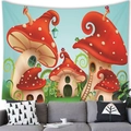 Detail of a fantasy mushroom house tapestry hanging above a grey sofa in a living room - 7 / 100x70(Peach Skin)