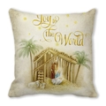 Détail de housse de coussin Nativité avec texte doré Joy to the World et palmiers - Style Scène de la Nativité Script Doré (27)