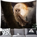 Detail of forest animal owl tapestry hanging above a grey sofa in a cozy room - Owl on Tree Trunk Style (10) / 100x70(Peach Skin)