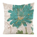 Detailed macro view of retro turquoise chrysanthemum print on linen throw pillow cover - Vintage Turquoise Mum (9)
