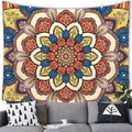 Bohemian mandala tapestry with colorful geometric patterns above a modern gray sofa - 150x100(Peach Skin) / Style 6