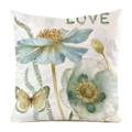 Kissenbezug aus Seidenimitat mit Aquarellblumen in Blau, Schmetterlingen und LOVE-Druck - Blaue Blume und Schmetterling (3) / 60x60cm