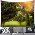 Fantasy forest wall tapestry with magical sunlight and purple flowers over grey sofa - 15 / 100x70(Peach Skin)