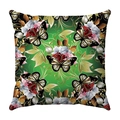 Square green decorative cushion cover with golden leaf patterns and butterfly rose print - Rose Floral Gold Butterfly Style (22)