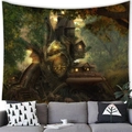 Detailed wall tapestry showing a fantasy treehouse in an enchanted forest with golden dials - 13 / 100x70(Peach Skin)