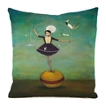 Détail d'une housse de coussin en faux soie avec illustration rétro de fille et grue - Fille en Robe Noire sur une Balançoire d'Équilibre (12)