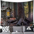 Detail of enchanted forest tapestry showing glowing cabin and soft fabric texture on wall - 14 / 100x70(Peach Skin)