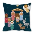 Housse de coussin carrée scène de nativité bleu marine en tissu peau de pêche doux - Style Dessin Animé Scène d'Étable Bleu Foncé (12)