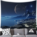 Detail of sci-fi planet and mountain tapestry hanging above a modern living room sofa - Deep Blue Planet Style (10) / 100x70(Peach Skin)