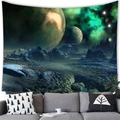 Detail of wall tapestry featuring sci-fi alien planet and snowy mountains in living room - Green Nebula Style (5) / 100x70(Peach Skin)