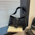 Retro black glossy PU leather underarm bag with wide strap and metallic ring eyelets - Black