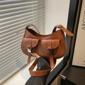 Caramel brown crescent hobo shoulder bag with double front buckle pockets for women - Brown