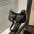 Fashionable black faux leather underarm bag with decorative pockets and metal buckles - Black