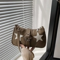 Brown litchi leather underarm bag with star buckle and star applique details - Khaki