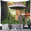 Whimsical forest tapestry with mushroom houses hanging above a sofa for wall decor - 14 / 100x70(Peach Skin)