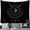 Detail of bohemian sun and moon tapestry hanging above a grey sofa with decorative pillows - Sun Moon Unity Bohemian (15) / 100x70cm (Peach Skin Fabric)