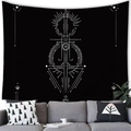 Bohemian black tapestry with white celestial sun and moon motifs hanging above a modern sofa - Mandala Occult Symbols (19) / 100x70cm (Peach Skin Fabric)