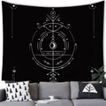 Detail of minimalist black tapestry with white celestial moon and geometric symbols - Starfire Arrow Occult (18) / 100x70cm (Peach Skin Fabric)
