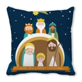 Housse de coussin Noël en peau de pêche avec crèche et ciel étoilé sur fond bleu foncé - Style Dessin Animé Lettrage Joyeux Noël (14)