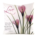 Détail de la housse de coussin avec tulipes et texte biblique sur tissu blanc doux - Style Amour Bible Tulipe Rose / 45x45cm
