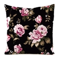 Quadratischer Kissenbezug mit rosa Rosen auf schwarzer Kunstseide für Heimdeko - Schwarz Rosa Weiße Rose (3)