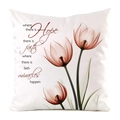 Détail de l'imprimé tulipe et du texte de motivation sur housse de coussin blanche - Style Miracle Tulipe Rose Rouge / 45x45cm