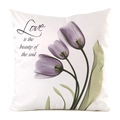 Vue détaillée de la housse de coussin en soie avec imprimé tulipe et typographie - Style Beauté de l'Âme Tulipe Violette / 45x45cm