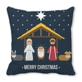Housse de coussin bleu marine avec scène de Nativité et texte Joyeux Noël blanc - Style Noël Lettrage Anglais Bleu Foncé (17)