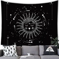 Bohemian black and white sun and stars tapestry hanging above a modern grey sofa - Anthropomorphic Sun God and Stars (1) / 100x70cm (Peach Skin Fabric)