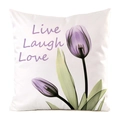 Witte kussenhoes met paarse tulpen en Live Laugh Love tekstontwerp - Paarse Tulp Inspirerende Quote Stijl