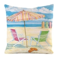 Close-up of summer beach chair and umbrella watercolor art on square cushion cover - Beach Locker Room Illustration (7)
