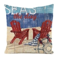 Detailed texture of beach theme cushion cover with red chairs and SEAS the day print - Red Beach Chair (5)