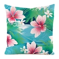 Detailed pattern of tropical pink hibiscus and green palm leaves on faux silk pillow cover - 18x18 Inch / Blue Wave Pink Hibiscus (Style 10)
