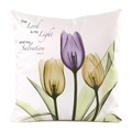 Housse de coussin blanc cassé avec tulipes, Psaume 27:1 et art floral translucide - Style Psaume Bible Tulipe Violette / 45x45cm